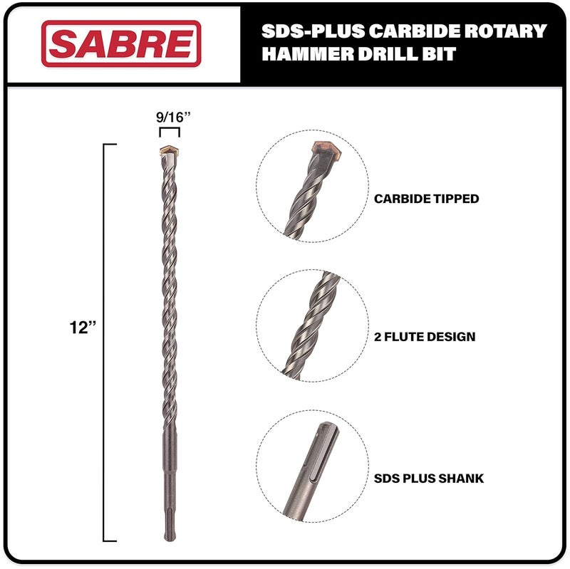 Sabre Tools 9/16 Inch x 12 Inch SDS Plus Rotary Hammer Drill Bit, Carbide Tipped for Brick, Stone, and Concrete Version 2 (9/16" x 10" x 12") - Image 2